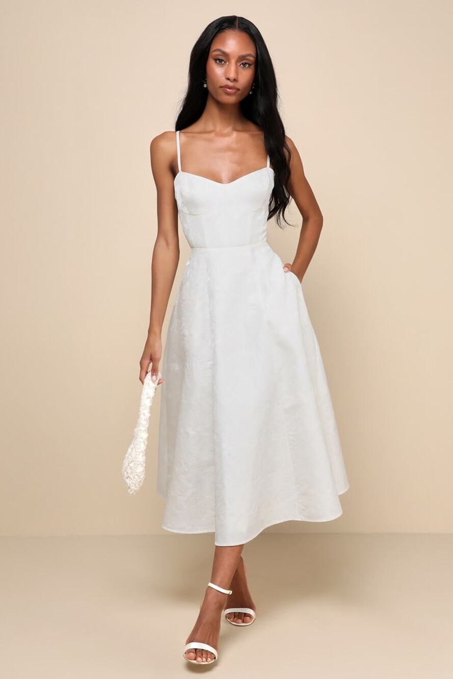 NWT Lulus Meet for Tea White Jacquard Bustier Midi Dress With Pockets Size L